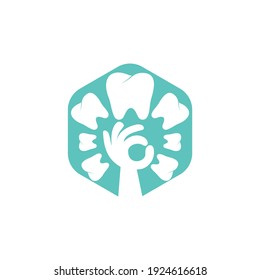 Dental care vector logo template. Teeth and hand tree icon design.