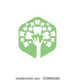 Plantilla de logotipo vectorial de cuidado dental. Diseño de iconos de árboles de manos y dientes.	