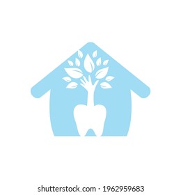 Dental care vector logo template. Teeth and hand tree with home icon design.	