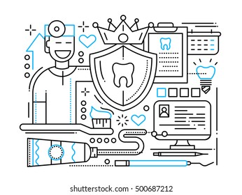 Dental Care - vector plain line flat design illustration with dentist and teeth care tools