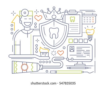 Dental Care - vector plain line flat design illustration with dentist and teeth care tools