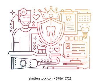 Dental Care - vector plain line flat design illustration with dentist and teeth care tools - color gradient