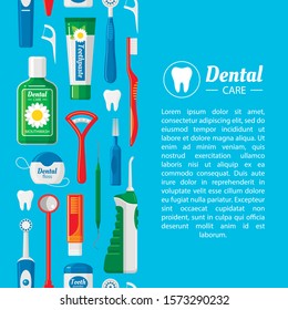 Dental care web banner flat design template. Blue background with stomatological items seamlesss vertical pattern and place for text. Dentistry article page. Stomatology poster cartoon layout idea