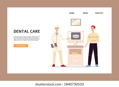 Dental Care Website Banner Template With Dentist Explaining Plan Of Treatment To Patient On Modern Advanced Computer Equipment, Flat Vector Illustration.