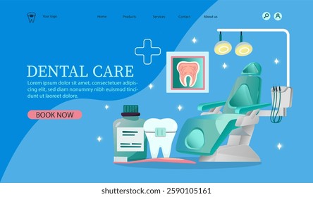 Dental care website showing chair, tools, and tooth on blue background. Flat design style. Concept of dental health and services. Vector illustration