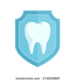 Dental care. White healthy tooth on a shield. Teeth protection. Dental clinic logo design. Vector illustration, flat design element, isolated on white background.