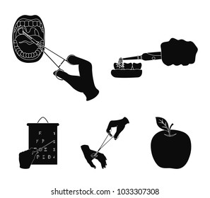 Dental care, wound treatment and other web icon in black style.oral treatment, eyesight testing icons in set collection.