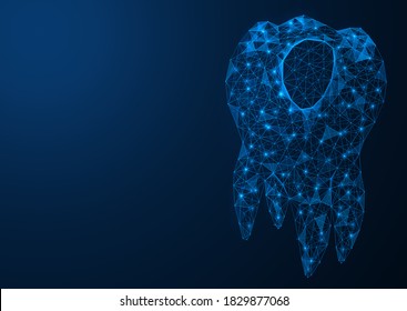 Dental caries. Damaged tooth with roots. Dental care. Low-poly construction of interlocked lines and dots.