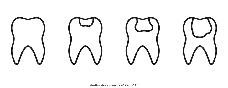 Dental Caries Process Line Icon Set. Dental Filling Sign. Orthodontic Teeth Problem. Tooth Disease Stages Linear Pictogram. Dentistry Outline Symbol. Editable Stroke. Isolated Vector Illustration.