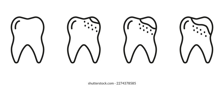 Symbolsatz für Zahnkaries-Prozess-Linie. Zähne-Problem bei der Kieferorthopädie. Zahnkrankheiten: Lineares Piktogramm. Dentistry Outline Symbol. Zahnbehandlung Zeichen. Bearbeitbarer Stroke. Einzelne Vektorgrafik.