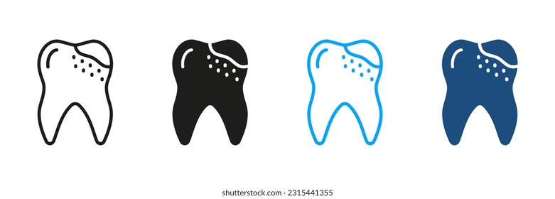 Dental Caries Silhouette and Line Icons Set. Toothache, Decay Teeth Problem Black and Color Sign. Oral Hygiene, Tooth Pain Pictogram. Dental Treatment Symbol Collection. Isolated Vector Illustration.