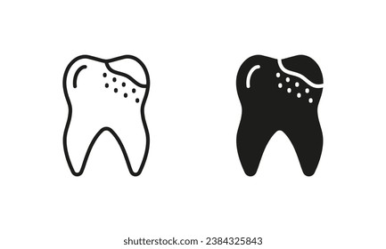 Dental Caries Silhouette and Line Icons Set. Bad Tooth Pictogram. Dental Treatment Black Symbol Collection. Toothache, Pain, Decay Teeth Problem. Oral Hygiene. Isolated Vector Illustration.