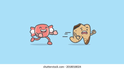 Dental cartoon of the cavity tooth run away from sweets candy illustration cartoon character vector design on blue background. Dental care concept.