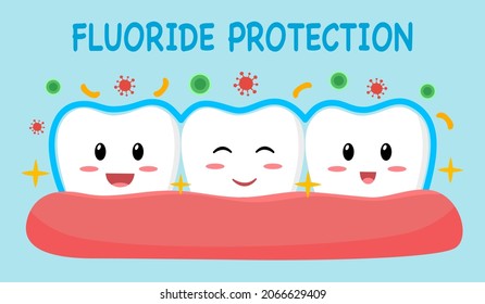 Dental cartoon character with fluoride protection concept vector illustration. Dental health care.