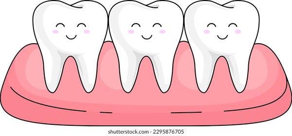 personaje de caricatura dental, dientes sanos con goma. Concepto de atención domiciliaria. Ilustración.