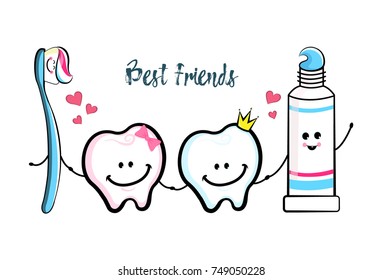 Dental Cartoon characters. Smiling teeth, toothbrush, toothpaste.