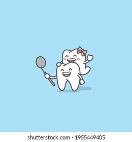 Dental cartoon of a couple of tooth looking into the dental mirror with confidence and happiness and romantic illustration cartoon character vector design on blue background. Dental care concept.