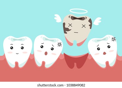 Dental cartoon of missing tooth. Cute cartoon dental care concept. Illustration isolated on blue background.