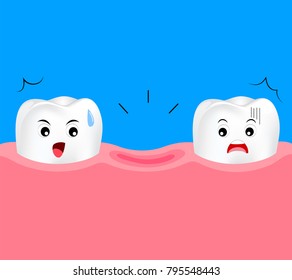 Dental cartoon of missing tooth. Cute cartoon dental care concept. Illustration isolated on blue background.