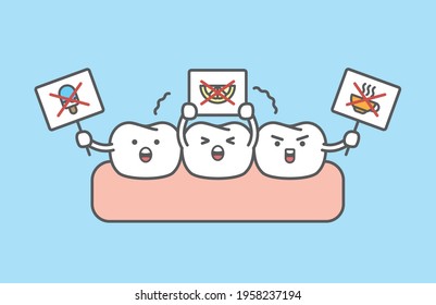 Dental cartoon of sensitive teeth protest by holding signs illustration cartoon character vector design on blue background. Dental care concept.