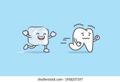 Dental cartoon of sensitive teeth run away from the ice illustration cartoon character vector design on blue background. Dental care concept.