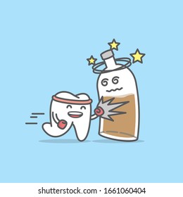 Dental cartoon of a tooth hit a liqueur bottle illustration cartoon character vector design on blue background.  Dental care concept.