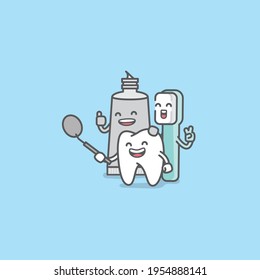 Dental cartoon of a tooth, toothbrush, toothpaste looking into the dental mirror with confidence and happiness illustration cartoon character vector design on blue background. Dental care concept.