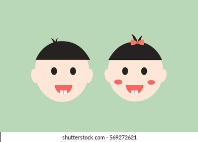 dental cartoon vector, baby boy and girl smiling and show first teeth