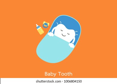 Dental Cartoon Vector, Baby Tooth Sleep On Blue Bed With Milk Bottle And Pacifier - First Teeth Concept, Flat Style For Design