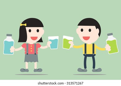 dental cartoon vector, boy and girl are rinse them mouth by mouthwash