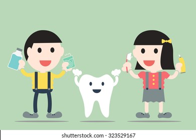 dental cartoon vector, boy and girl with healthy teeth