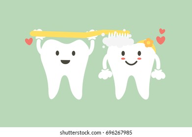 dental cartoon vector, cute couple tooth character are brushing teeth with heart. flat style for design