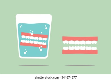 dental cartoon vector, denture in glass