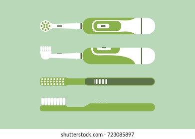 dental cartoon vector flat style for design, green electric and handle toothbrush for brushing teeth isolated on background