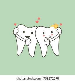 dental cartoon vector flat style for design - cute tooth couples in love and hug each other with heart