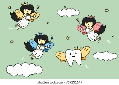 dental cartoon vector flat style for design - cute colorful tooth fairy flying with teeth