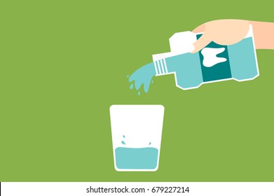 dental cartoon vector, hand pouring blue mouthwash into glass isolated on green background. flat style