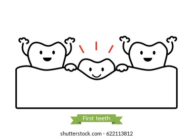dental cartoon vector line art style, first teeth or baby tooth