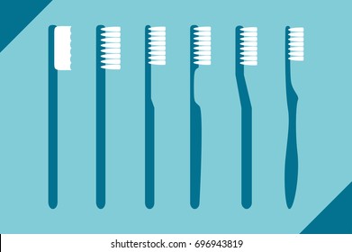 dental cartoon vector, set of different blue toothbrush isolated background. flat style for design