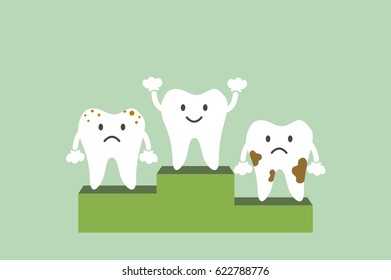 dental cartoon vector, teeth celebrating the victory - healthy tooth is winner on podium