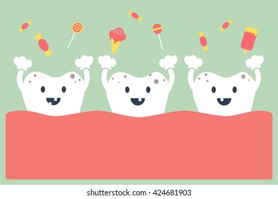 dental cartoon vector, teeth and sweets - decayed tooth