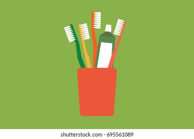 dental cartoon vector, toothbrush and toothpaste in glass isolated on background, flat style - hello morning