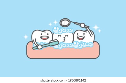 Dental cartoon of white teeth cleaning cartoon characters with toothbrush and dental mirror, checkup illustration vector design on blue background. Dental care concept.