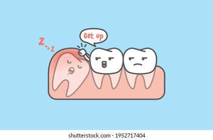 Dental cartoon of white teeth try to get the impaction tooth up by knocking gum illustration cartoon character vector design on blue background. Dental care concept.