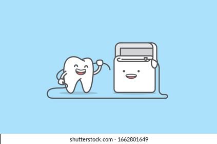 Dental cartoon of a white tooth cleaning with dental floss illustration cartoon character vector design on blue background.  Dental care concept.