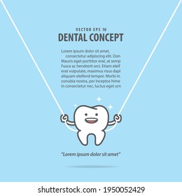 Dental cartoon of a white tooth cleaning with swing the dental floss illustration cartoon character vector design on blue background. Dental care concept.