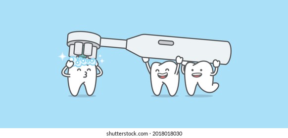 Dental cartoon of the white tooth has been cleaning by friendly teeth friends illustration cartoon character vector design on blue background. Dental care concept.