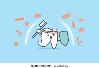 Dental cartoon of a white tooth protecting bacteria with toothbrush illustration cartoon character vector design on blue background. Dental care concept.