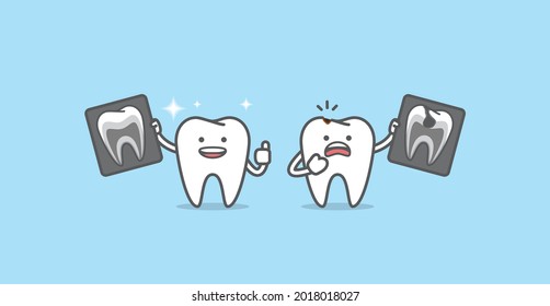 Dental cartoon of X-ray with Tooth characters compare good and bad condition illustration cartoon character vector design on blue background. Dental care concept.