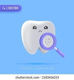 Dental Cavity Concept with Sad Tooth Because of its Cavity Vector Illustration. Cavity Tooth and Magnifying Glass for Children Dental Clinic Poster Design,